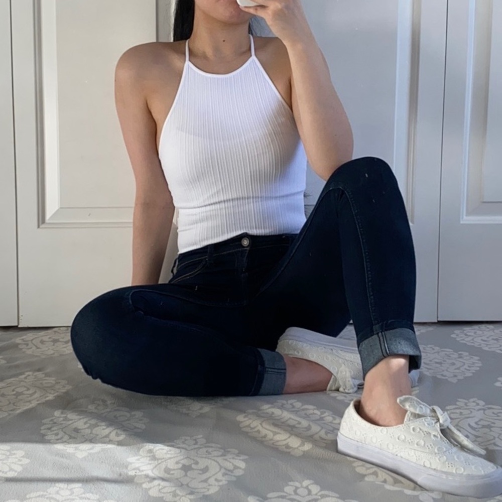 COAST - White OS Halter Neckline Criss Cross Back Classic Basic Bodysuit